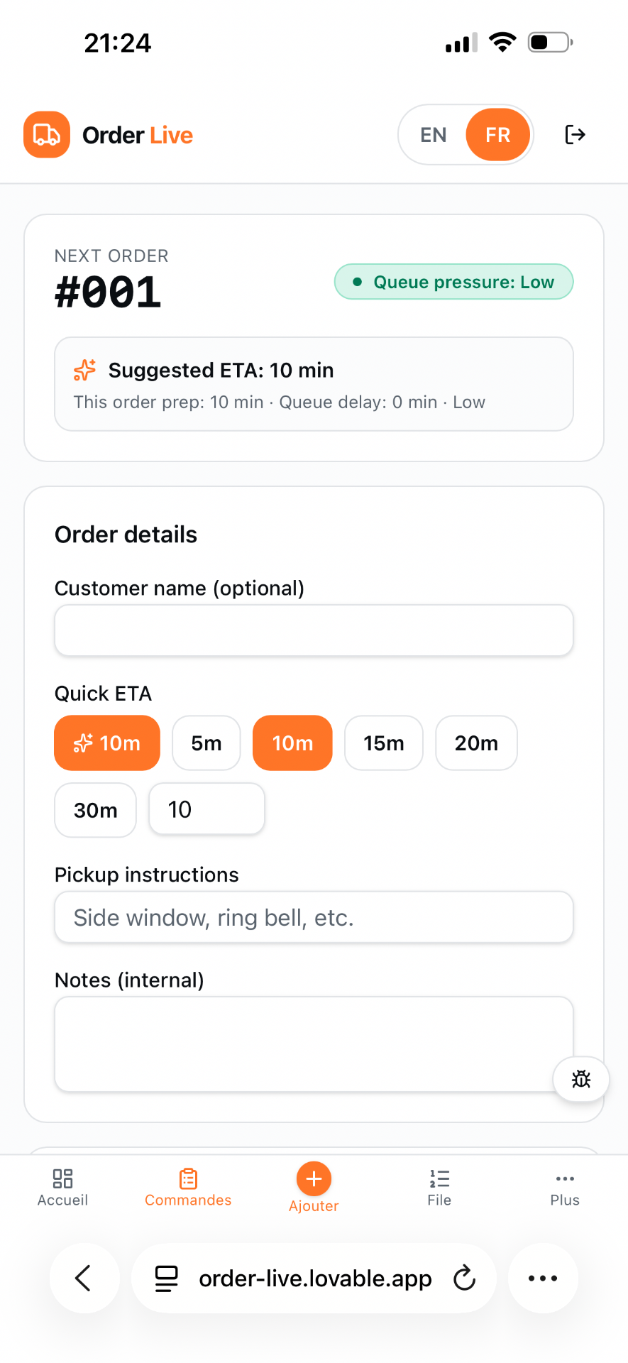 Order creation screen with AI-suggested ETA and quick ETA selector.
