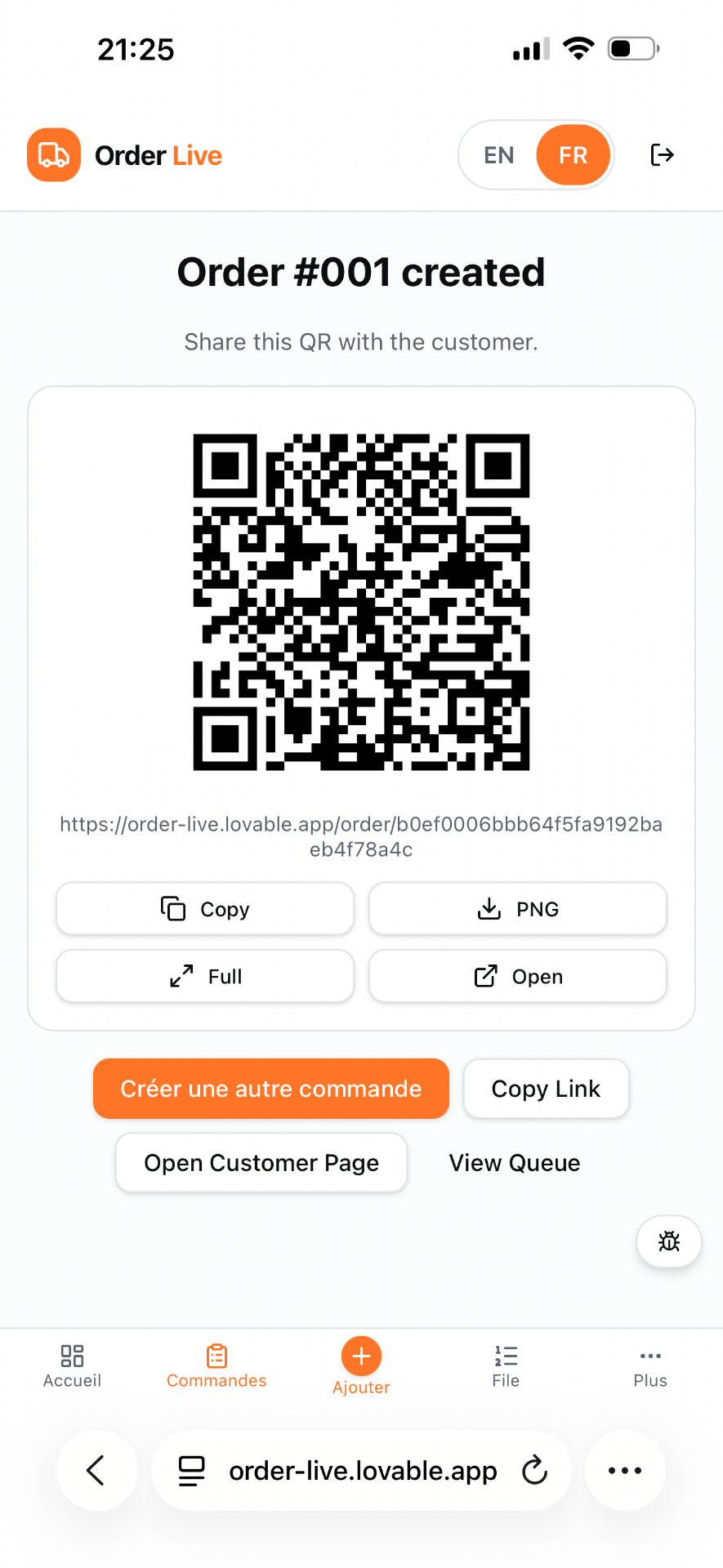 Generated QR code for an order with copy, download and share actions.