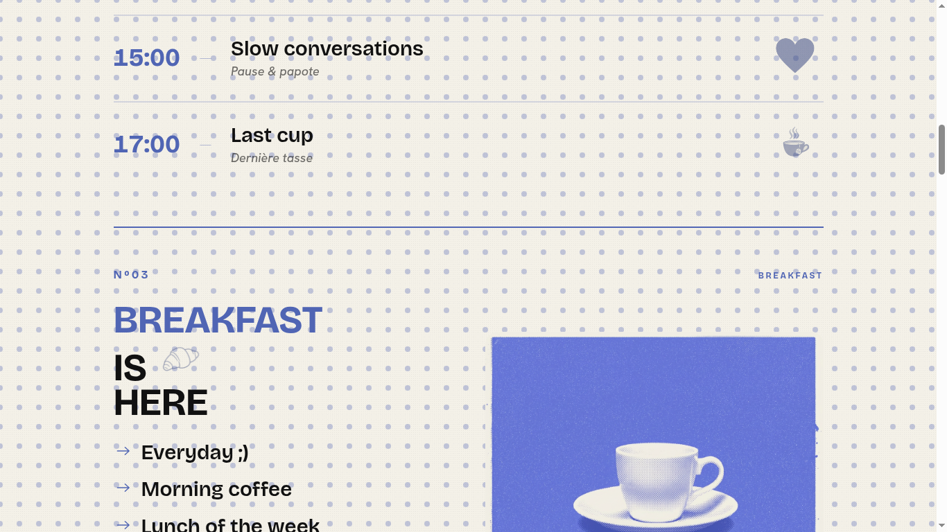 Daily Rhythm timetable section with morning coffee, fresh breakfast, lunch of the week.