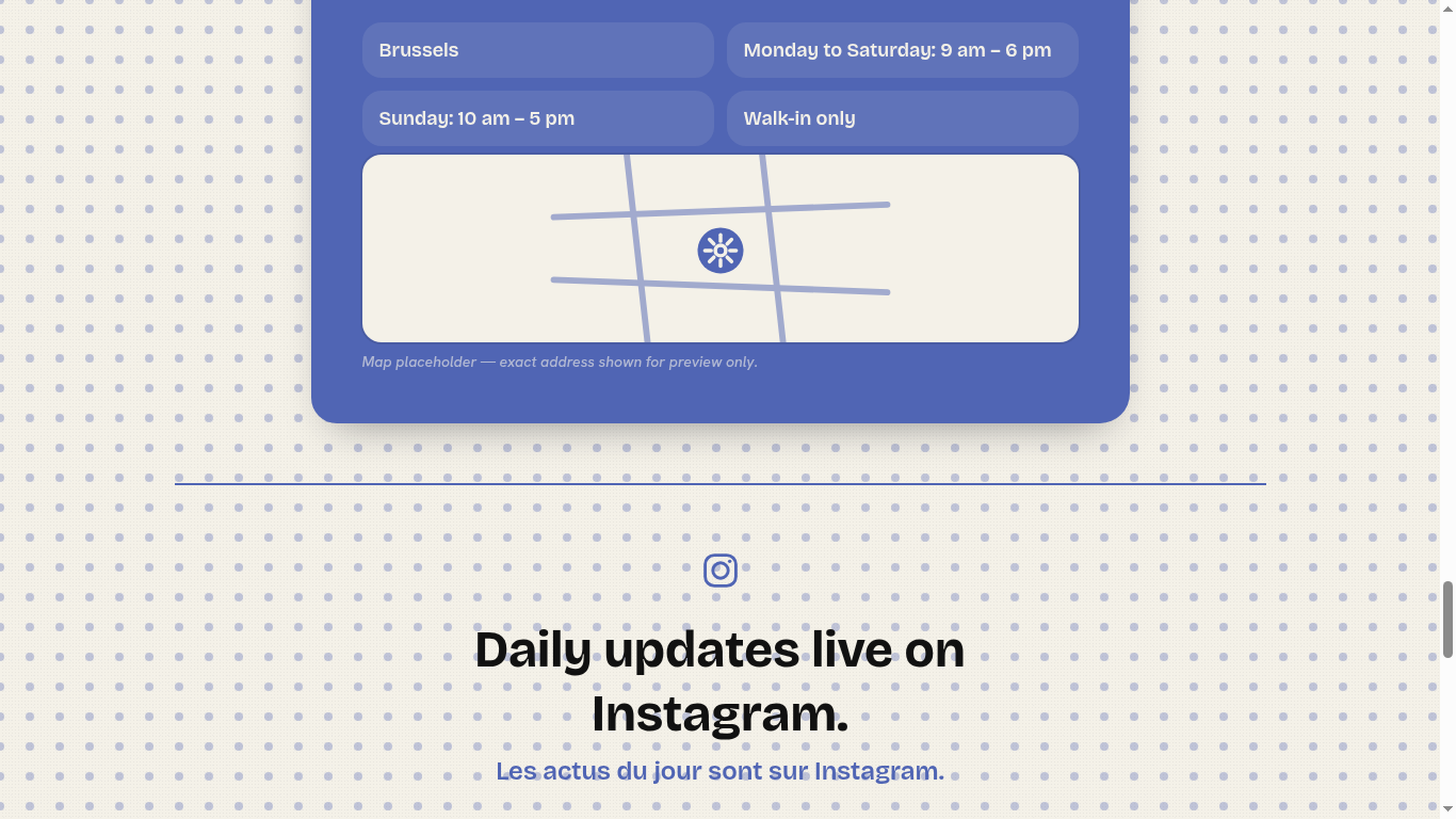 Visit section with hours, location, and a stylized map.