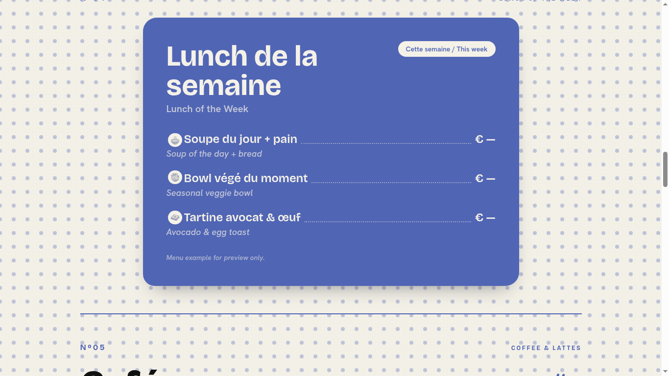 Lunch de la semaine card with bilingual menu items.