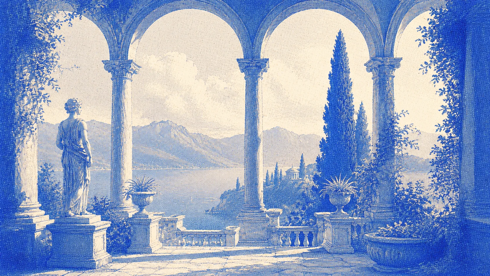 Blue engraved classical arcade overlooking a Mediterranean landscape