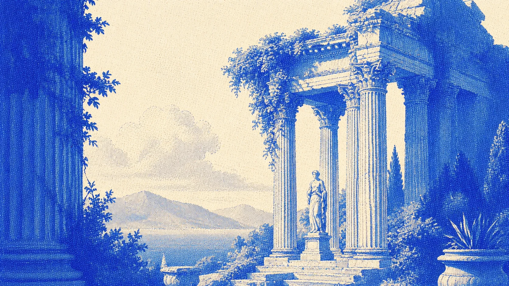 Blue engraved classical ruins