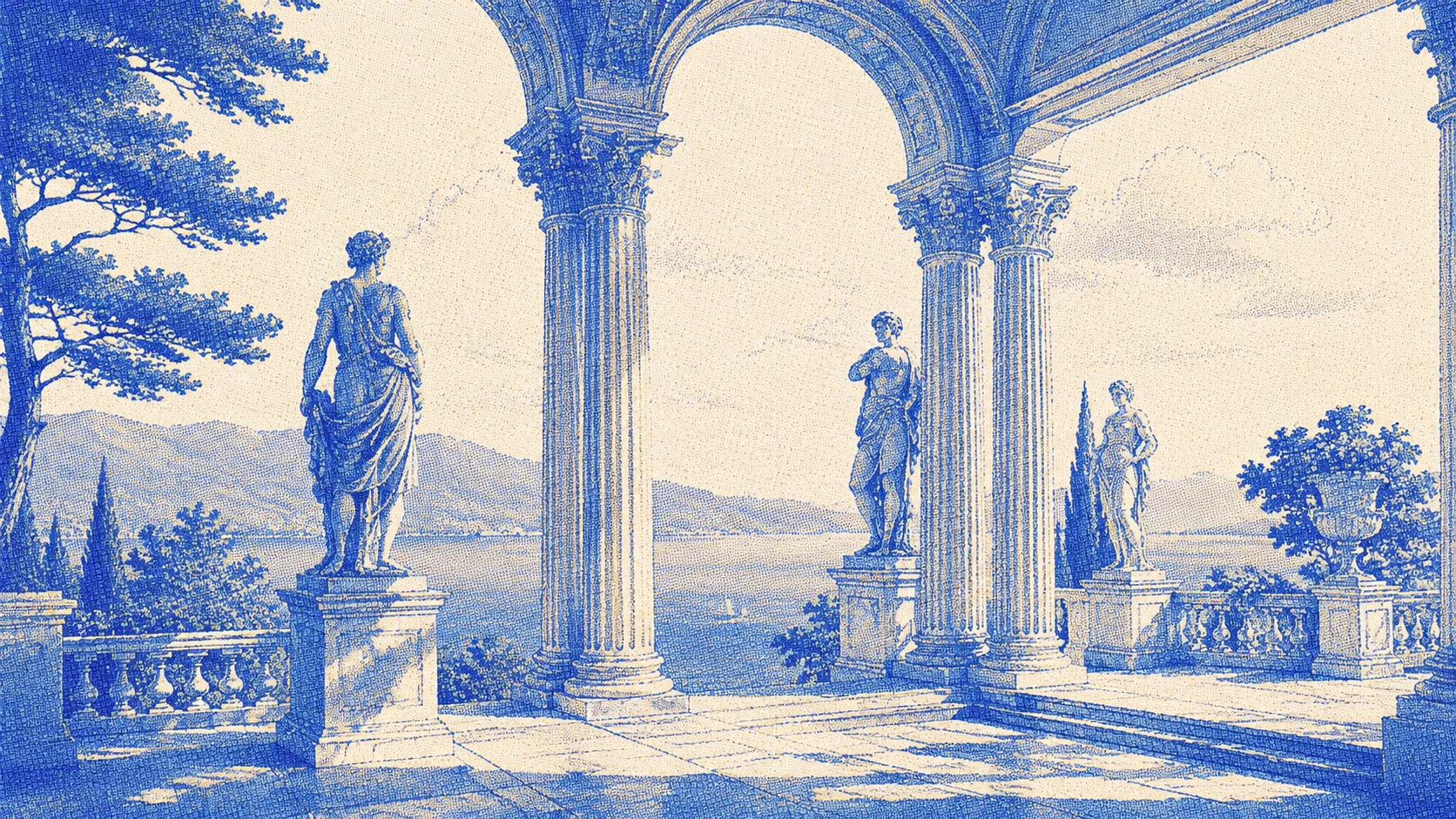 Engraved statues beneath a classical arcade